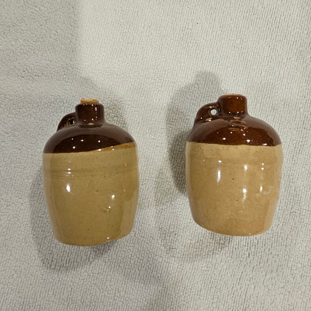Vintage Mini Jug Salt and Pepper Shakers Brown Glazed Stoneware Decor